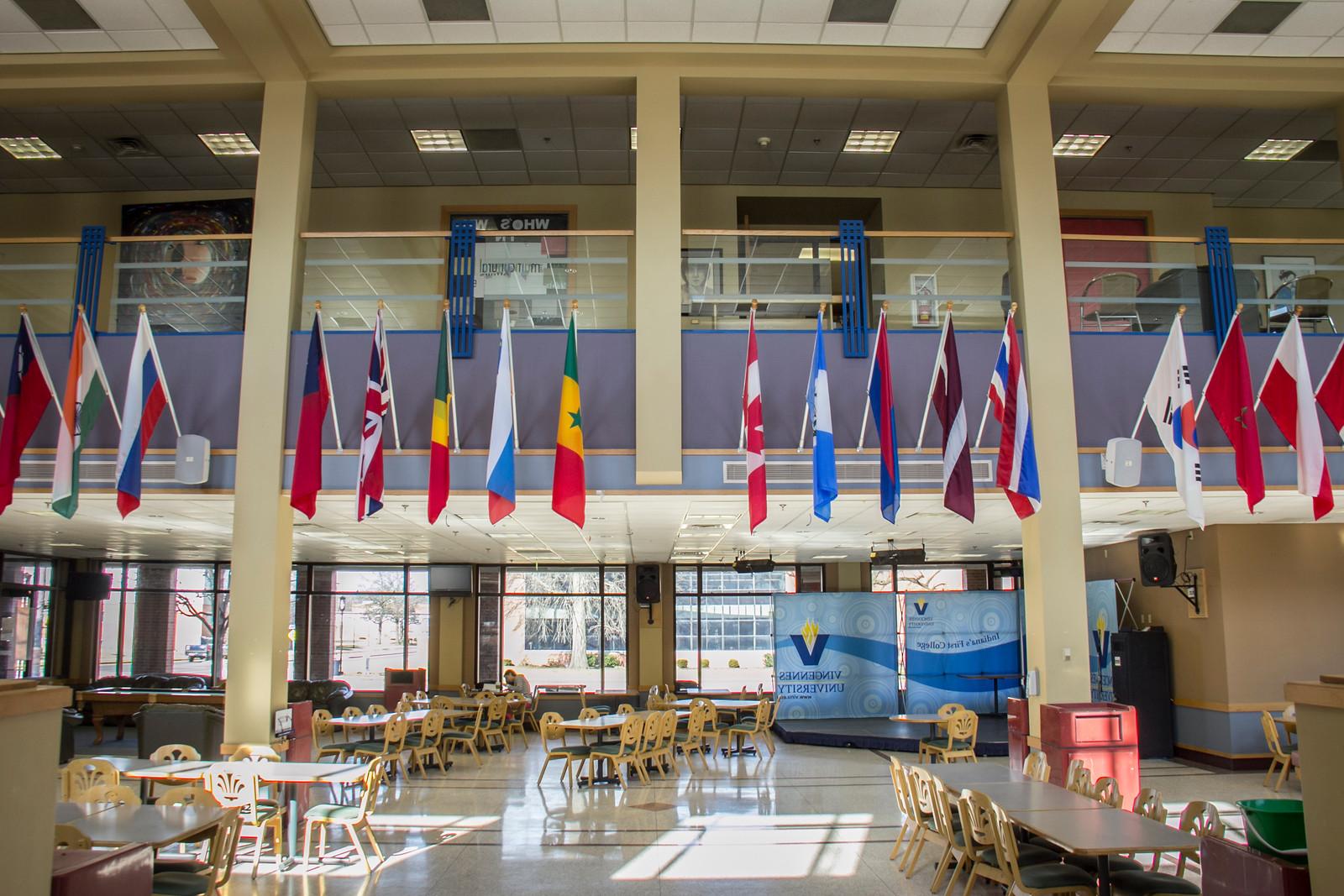 A photograph of the flags hanging in Beckes Student Union